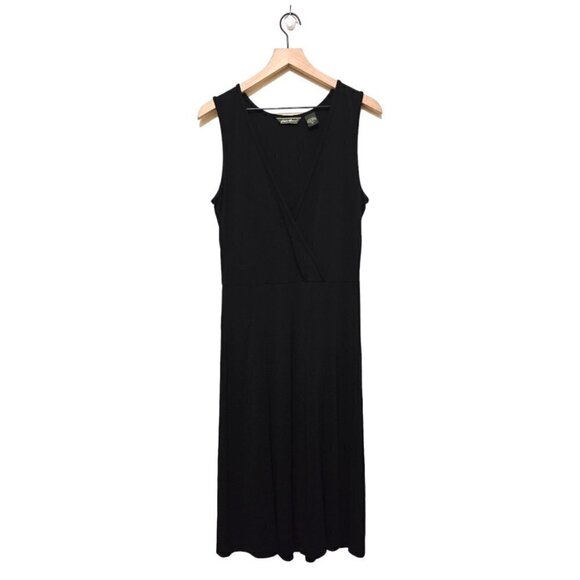 Eddie Bauer Black Faux Wrap Stretch Casual Sleeveless Dress Sz LT - Picture 1 of 10